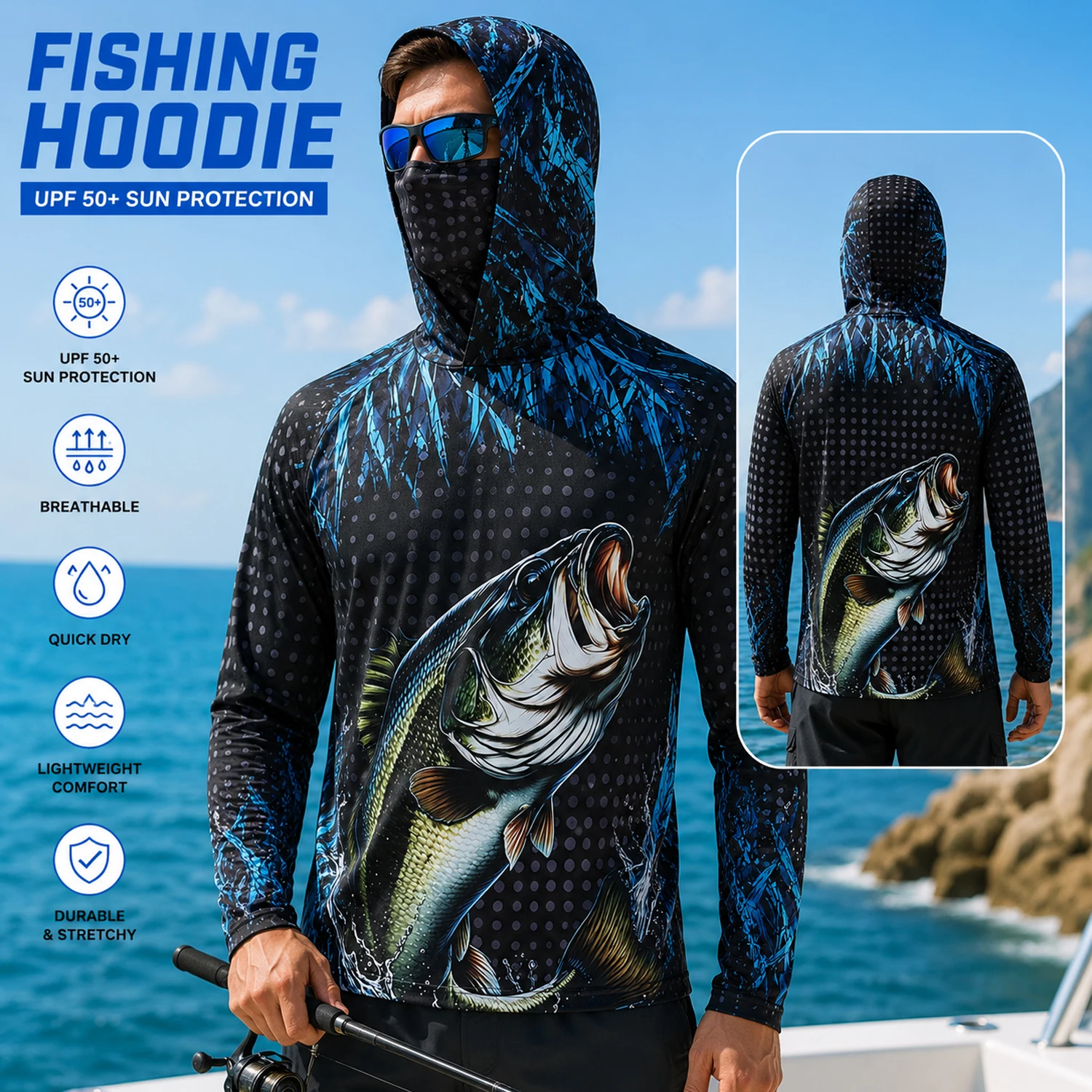 Hiking - Hoodie Pancing Pria UPF50+ dengan Masker